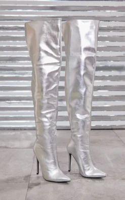 Prettylittlething Silver Faux Leather Pointed High Heel Over The Knee Boots Silver -Pretty Soles Shop 7f2c651a221ca79174d430273b28d16505220ed8 cmz0769 4