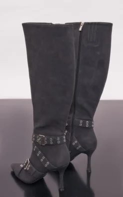 Prettylittlething Black Faux Suede Point Toe Buckle Strap Knee High Heeled Boots Black -Pretty Soles Shop 7f657e40759d0457d4ab3012b7c4b5ad1a2cd3c6 cnf9086 4