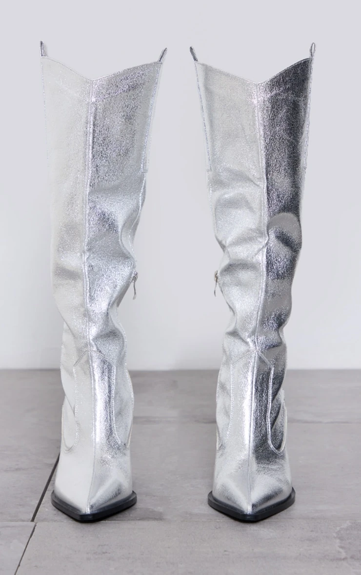 Prettylittlething Silver Metallic Western Pointed Wedge Heeled Knee Boots Silver 3 Prettylittlething Silver Metallic Western Pointed Wedge Heeled Knee Boots Silver - Image 3