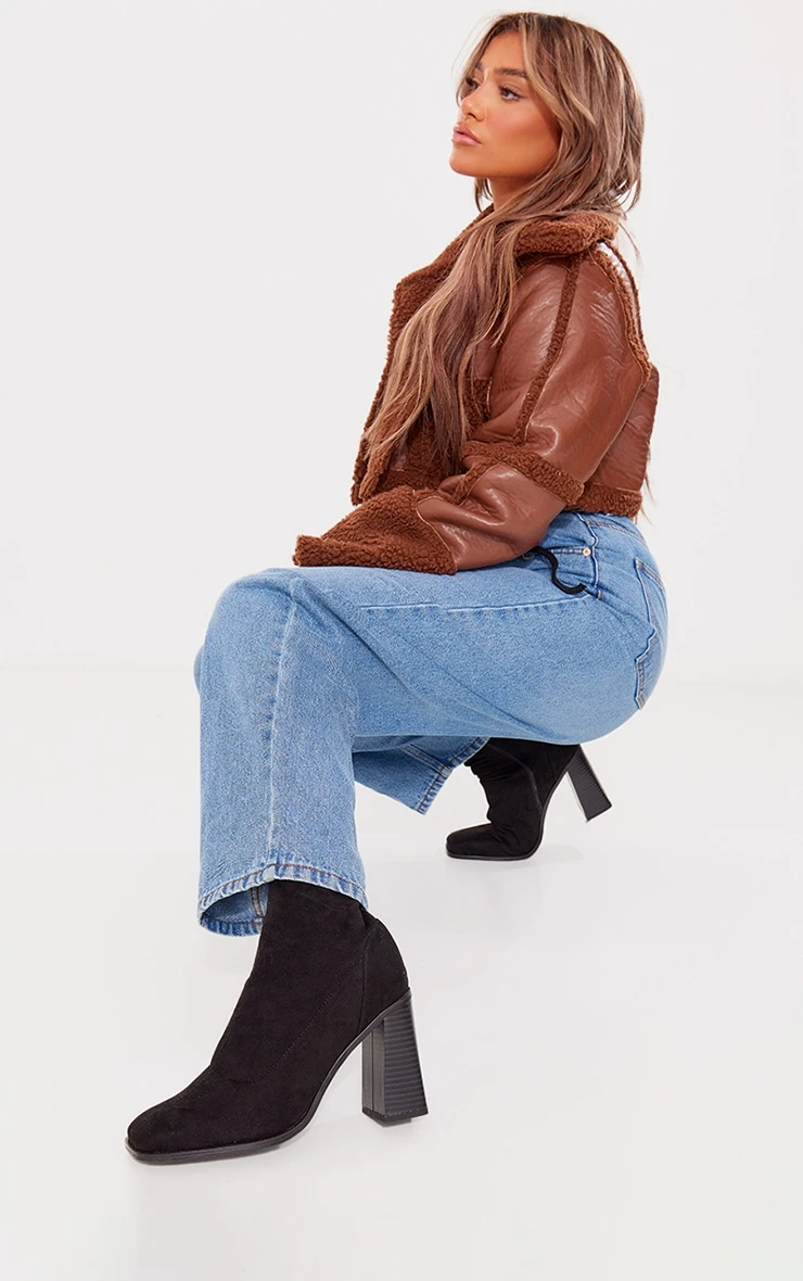 Prettylittlething Black Wide Fit Faux Suede Block Heeled Sock Ankle Boots Black 1 Prettylittlething Black Wide Fit Faux Suede Block Heeled Sock Ankle Boots Black