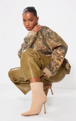 Prettylittlething Beige Faux Suede Point Toe Heeled Ankle Boots Beige