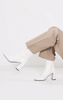 Prettylittlething White Croc Pu Round Toe Heeled Ankle Sock Boots White