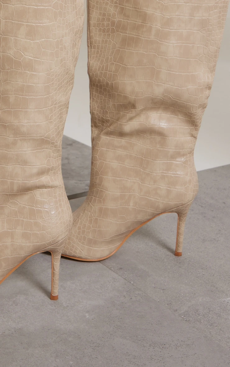 Prettylittlething Cream PU Croc Detail Point Toe Stiletto Heeled Knee Boots Cream 3 Prettylittlething Cream PU Croc Detail Point Toe Stiletto Heeled Knee Boots Cream - Image 3