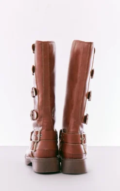 Prettylittlething Brown Faux Leather Square Toe Buckle Detail Knee Boots Brown -Pretty Soles Shop 88ec971dd08d12ef61000c77aa7ec939db8aeca9 cnf5452 4