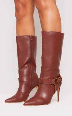Prettylittlething Chocolate Faux Leather Ring Buckle Detail Knee High Heeled Boots Chocolate