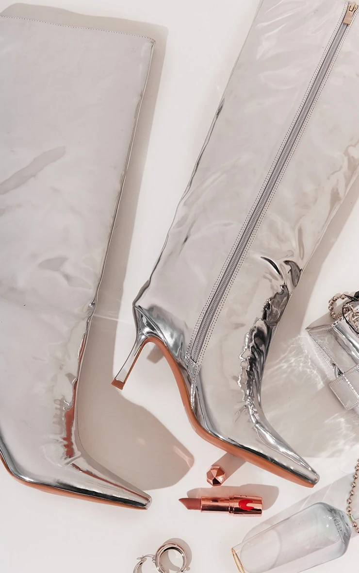 Prettylittlething Silver Metallic Point Toe Knee High Heeled Boots Silver 4 Prettylittlething Silver Metallic Point Toe Knee High Heeled Boots Silver - Image 4