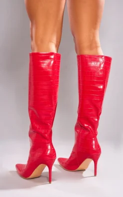 Prettylittlething Red PU Croc Point Toe Stiletto Heeled Knee High Boots Red -Pretty Soles Shop 9223285e1c7845c589a646c42a00aaf9ea7e6613 cng8932 4