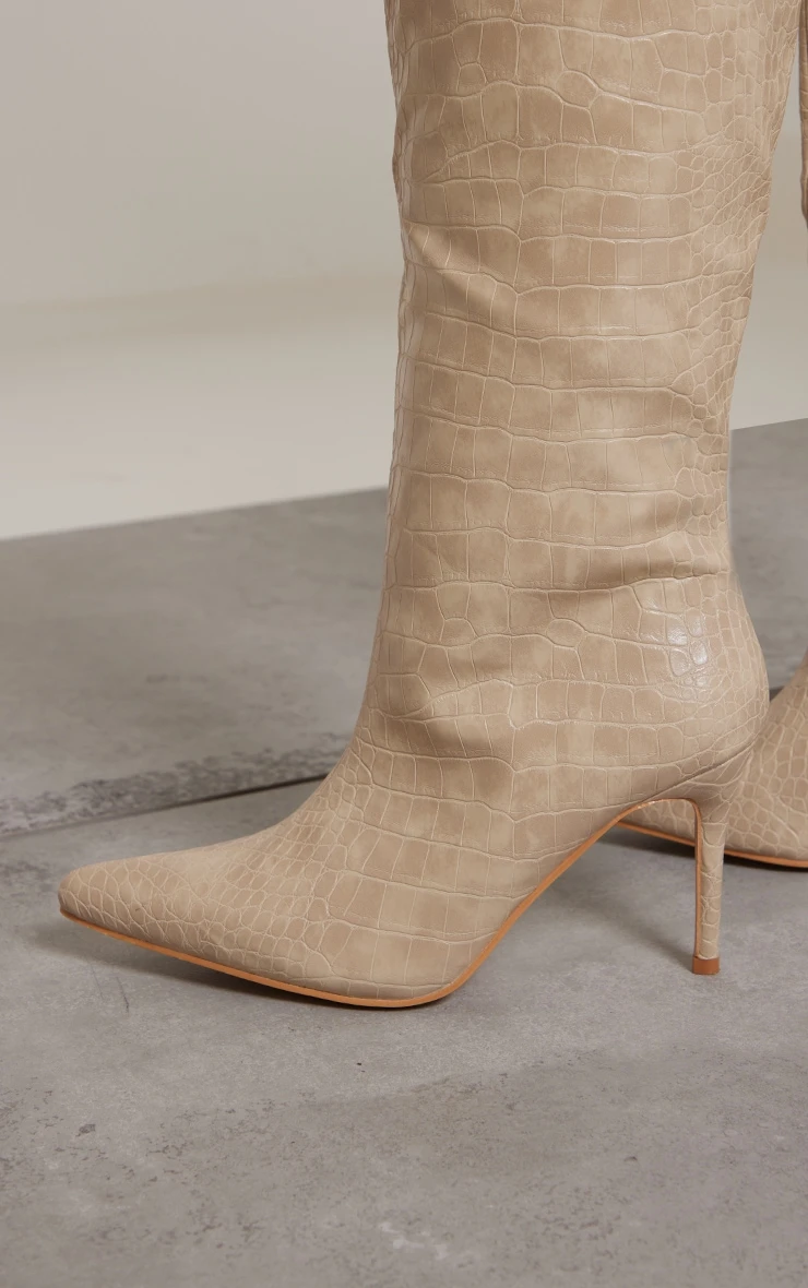 Prettylittlething Cream PU Croc Detail Point Toe Stiletto Heeled Knee Boots Cream 4 Prettylittlething Cream PU Croc Detail Point Toe Stiletto Heeled Knee Boots Cream - Image 4