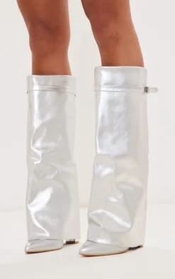 Prettylittlething Silver Pu Matt Fold Over Knee Block Heeled Boots Silver -Pretty Soles Shop 98020a0cf22a3c84ab5899f22765d5d7d1b25c30 cnc3446 3