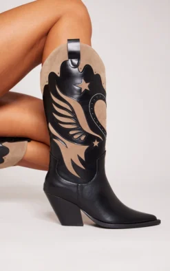 Prettylittlething Black Wide Fit Faux Leather Point Toe Stitch Calf High Western Boots Black -Pretty Soles Shop 989e13a2a68d8bb0bb5fe71e2f7585e9a27ec134 cng7302 3