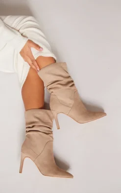 Prettylittlething Truffle Faux Suede Point Toe Ruched High Heeled Ankle Boots Truffle -Pretty Soles Shop 9a5e9433a542944c5eb82462f4bad0bb7d743bf3 cnf9106 2