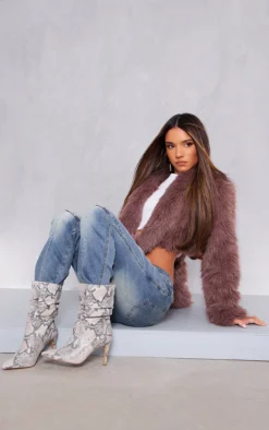 Prettylittlething Snake Print PU Point Toe Ruched High Heeled Ankle Boots Snake Print