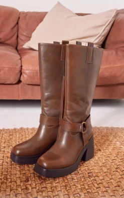 Prettylittlething Brown PU Distressed Square Toe Buckle Block Heeled Knee High Boots Brown -Pretty Soles Shop a032a068af3e8c84155bebbc80a4672623d5d289 cnf9115 3