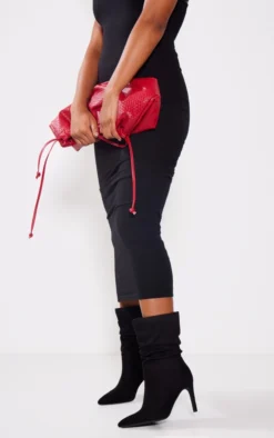 Prettylittlething Black Faux Suede Point Toe Ruched High Heeled Ankle Boots Black