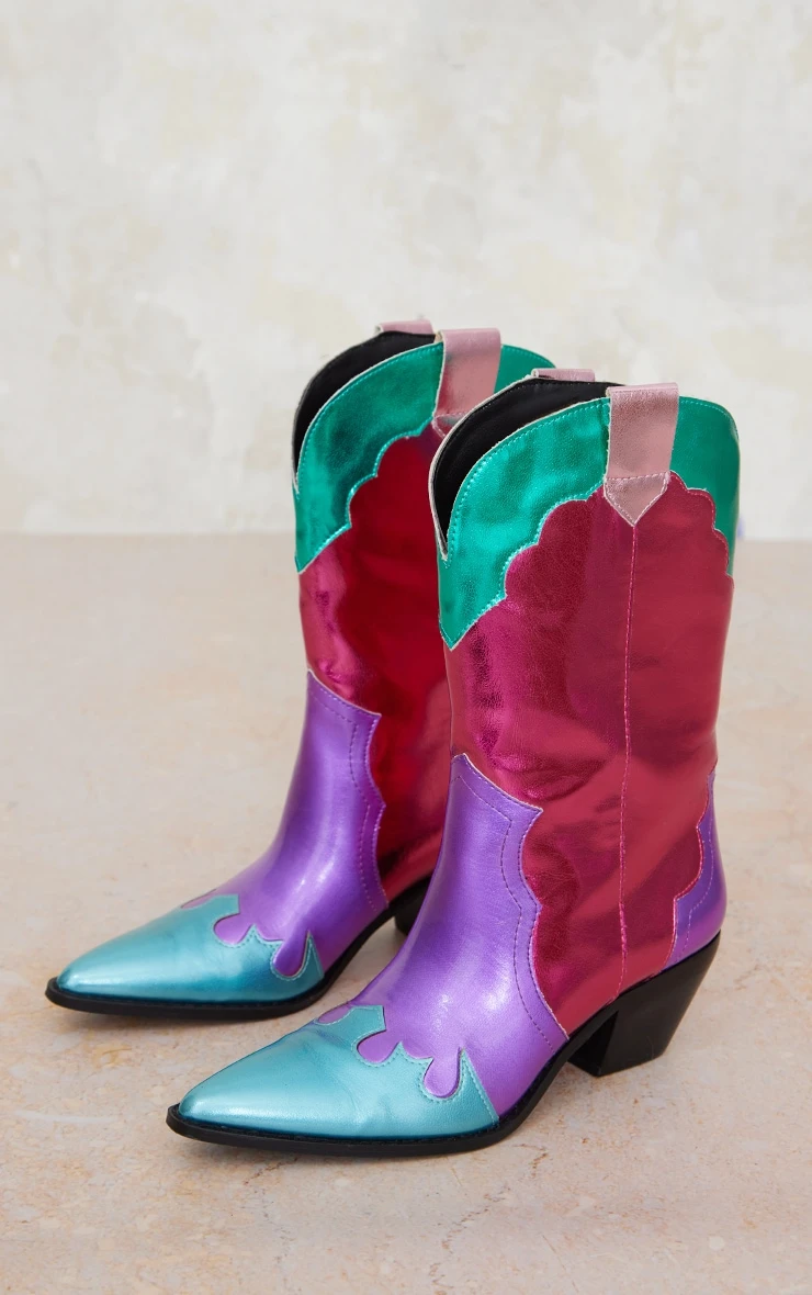 Prettylittlething Multi Faux Leather Bright Metallic Block Heeled Western Calf Boots Multi 2 Prettylittlething Multi Faux Leather Bright Metallic Block Heeled Western Calf Boots Multi - Image 2