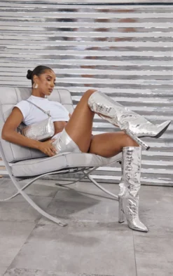 Prettylittlething Silver Wide Fit Metallic Point Toe Croc Block High Heeled Knee Boots Silver