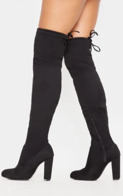Prettylittlething Bess Black Faux Suede Heel Thigh Boots Black