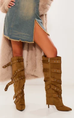 Prettylittlething Olive Faux Suede Point Toe Fold Over Buckle Strap Knee High Heeled Boots Olive -Pretty Soles Shop ae6a47e0c0b836874048a925c9633dc7467ef7d4 cnf9034 1