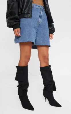 Prettylittlething Black Wide Fit Point Toe Utility Pocket Knee High Heeled Boots Black