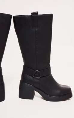 Prettylittlething Black Faux Leather Square Toe Buckle Chunky Heeled Thigh High Boots Black -Pretty Soles Shop aeeb7c5692128442e6210a7ebf20104ddd190b70 cnf9114 3