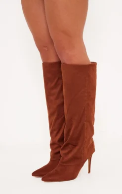 Prettylittlething Brown Faux Suede Point Toe Fold Over High Heeled Calf High Boots Brown -Pretty Soles Shop afe907a65c0d0a2a2141de5ffc2e4e2b623735d9 cng8896 3