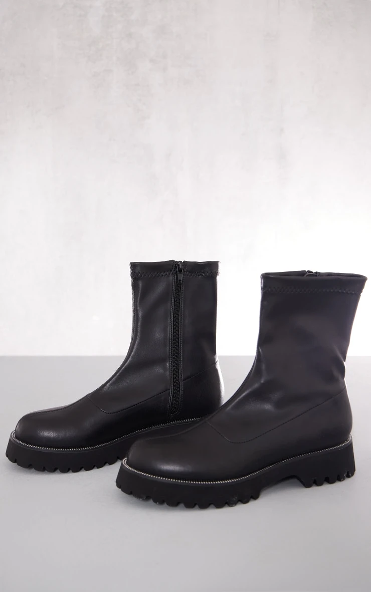 Prettylittlething Black Faux Leather Round Diamante Chunky Ankle Sock Boots Black 3 Prettylittlething Black Faux Leather Round Diamante Chunky Ankle Sock Boots Black - Image 3