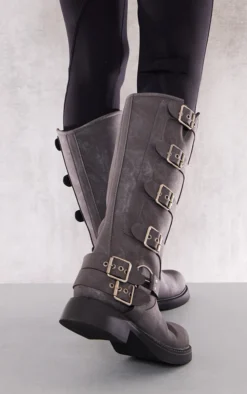 Prettylittlething Charcoal Faux Distressed Leather Square Toe Brushed Buckle Knee Boots Charcoal -Pretty Soles Shop b420c02b8f93a0f9295d81b0c414f210ec082416 cng8802 4