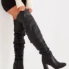Prettylittlething Black Pu Round Toe Ruched Over The Knee Block Heeled Boots Black