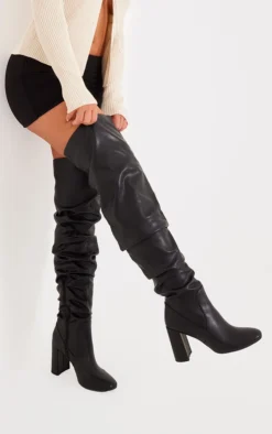 Prettylittlething Black Pu Round Toe Ruched Over The Knee Block Heeled Boots Black