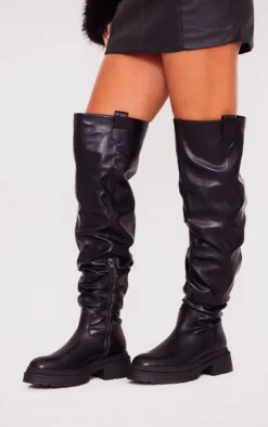 Prettylittlething Black Pu Chunky Sole Ruched Over The Knee Boots Black -Pretty Soles Shop b67160e60d354f798de62421217bf8c5d2f0177f cnf5425 3