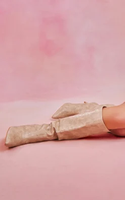 Prettylittlething Cream PU Croc Detail Point Toe Stiletto Heeled Knee Boots Cream