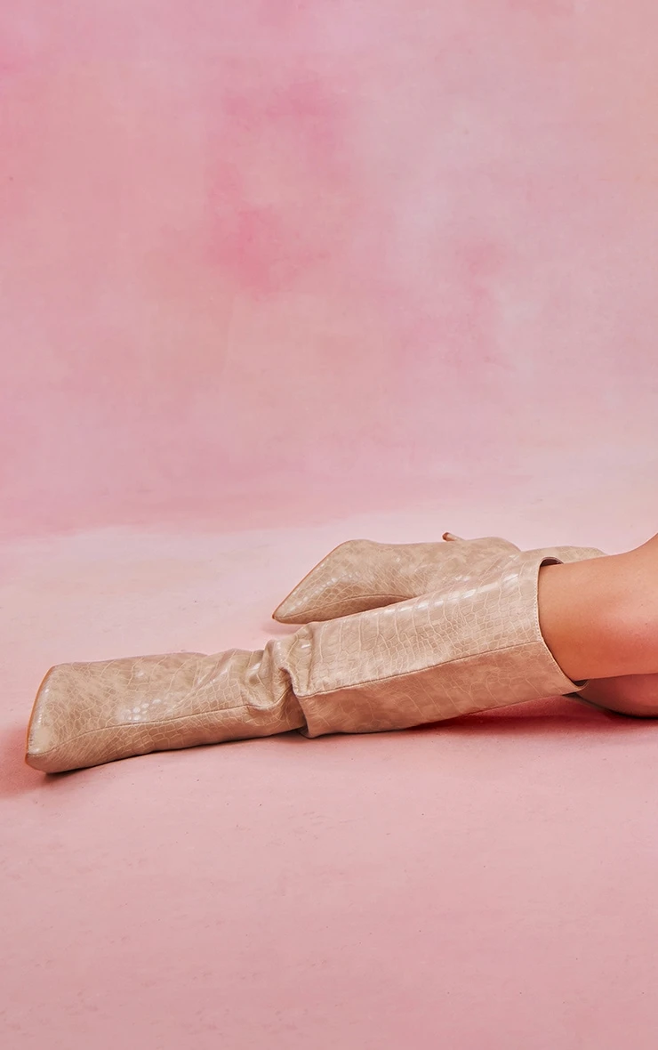 Prettylittlething Cream PU Croc Detail Point Toe Stiletto Heeled Knee Boots Cream 1 Prettylittlething Cream PU Croc Detail Point Toe Stiletto Heeled Knee Boots Cream