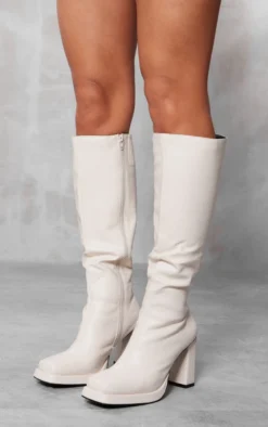 Prettylittlething Cream Slight Platform Block Heel Square Toe Knee Boots Cream