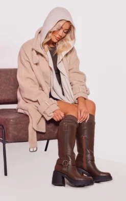 Prettylittlething Brown PU Distressed Square Toe Buckle Block Heeled Knee High Boots Brown