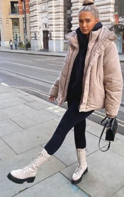 Prettylittlething Cream Calf High Lace Up Chunky Biker Boots Cream