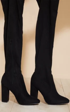 Prettylittlething Black Faux Suede Round Toe Block Heel Over The Knee Boots Black -Pretty Soles Shop ba5efafe7f97b4eb3d7004594417423b500e46bd cms9002 4
