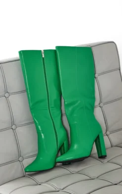 Prettylittlething Green PU Point Toe High Block Heel Knee Boots Green -Pretty Soles Shop bc42bd902da539305d6285a815cc220a8df7b924 cmy2635 3