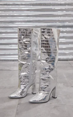 Prettylittlething Silver Wide Fit Metallic Point Toe Croc Block High Heeled Knee Boots Silver 7 Prettylittlething Silver Wide Fit Metallic Point Toe Croc Block High Heeled Knee Boots Silver -Pretty Soles Shop bd0cf548effa7843066bf2a8034bcdf38c58142d cmz0742 4