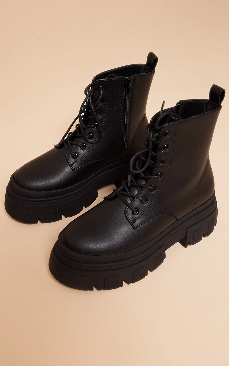 Prettylittlething Black Wide Fit Pu Leather Chunky Platform Lace Up Ankle Boots Black 3 Prettylittlething Black Wide Fit Pu Leather Chunky Platform Lace Up Ankle Boots Black - Image 3