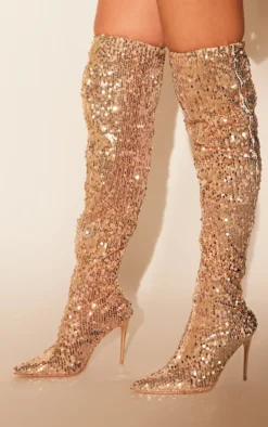 Prettylittlething Gold Sequin Point Toe Over The Knee Heeled Boots Gold -Pretty Soles Shop bf767622d35e91e8493b177321283e87aeadcb2b cng4510 4