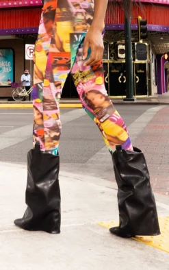 Prettylittlething Black Wide Fit Pu Point Toe Fold Over High Heeled Calf High Boots Black