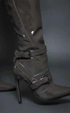 Prettylittlething Grey Patent Pu Point Toe Buckle Detail High Stiletto Heeled Knee Boots Grey -Pretty Soles Shop c372a06eb0a291c04b786c5fd953954a04f4c85e cnb1672 4