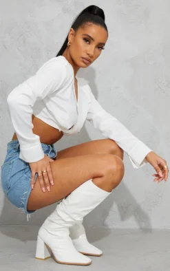 Prettylittlething White High Block Heel Knee High Boots White