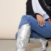 Prettylittlething Silver PU Point Toe Knee High Western Boots Silver