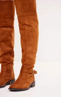 Prettylittlething Tan Faux Suede Gold Buckle Over The Knee Boots Tan -Pretty Soles Shop c7061a6cd8f43759acdfb8665e070ec93b1ec91c cnf9006 4