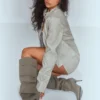 Prettylittlething Khaki Wide Fit Denim Point Toe Pocket Detail Low Heeled Knee Boots Khaki
