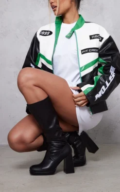 Prettylittlething Black Wide Fit Slight Platform High Block Heeled Knee Boots Black