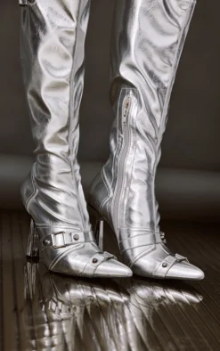 Prettylittlething Silver Pu Metallic Buckle Detail High Heeled Knee Boots Silver -Pretty Soles Shop c9af1736bda6b21ee0bb7b25d4997a75dea60740 cnb8602 3