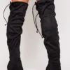 Prettylittlething Black Wide Fit Faux Suede Round Toe Block Heel Over The Knee Boots Black