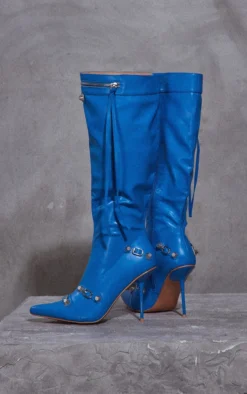 Prettylittlething Blue PU Zip Detail Point Toe Mid Heeled Knee Boots Blue -Pretty Soles Shop cbacfd731f78d9eccf6f9cd18d395e13b46c72dc cmz7760 4
